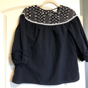 Crown & Ivy PM Eyelet Blouse Puff Sleeve EUC Navy Blue
